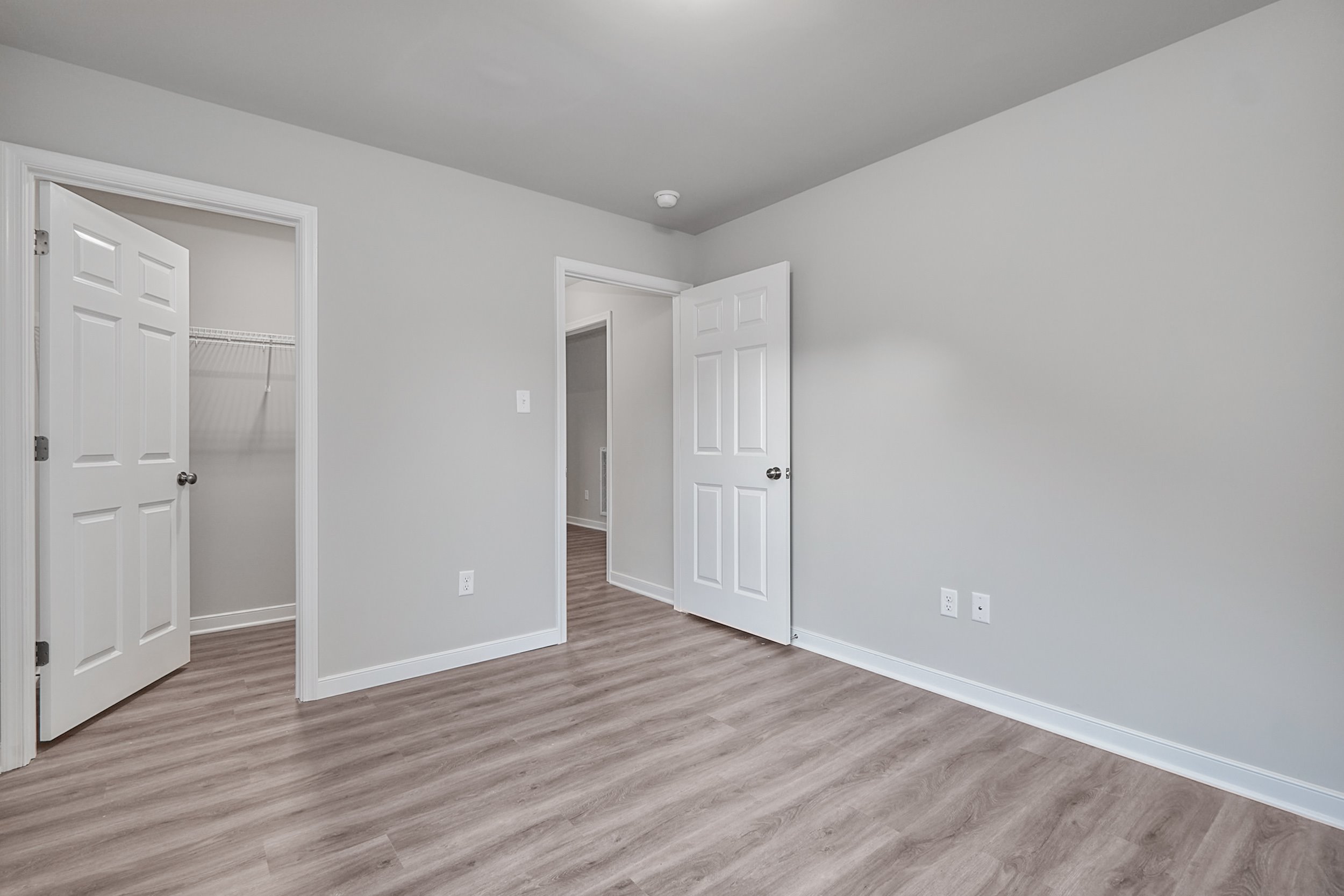 A vacant room with light gray walls, light-colored hardwood flooring, a closed door, an open door leading to a closet, and another open door leading to a hallway.