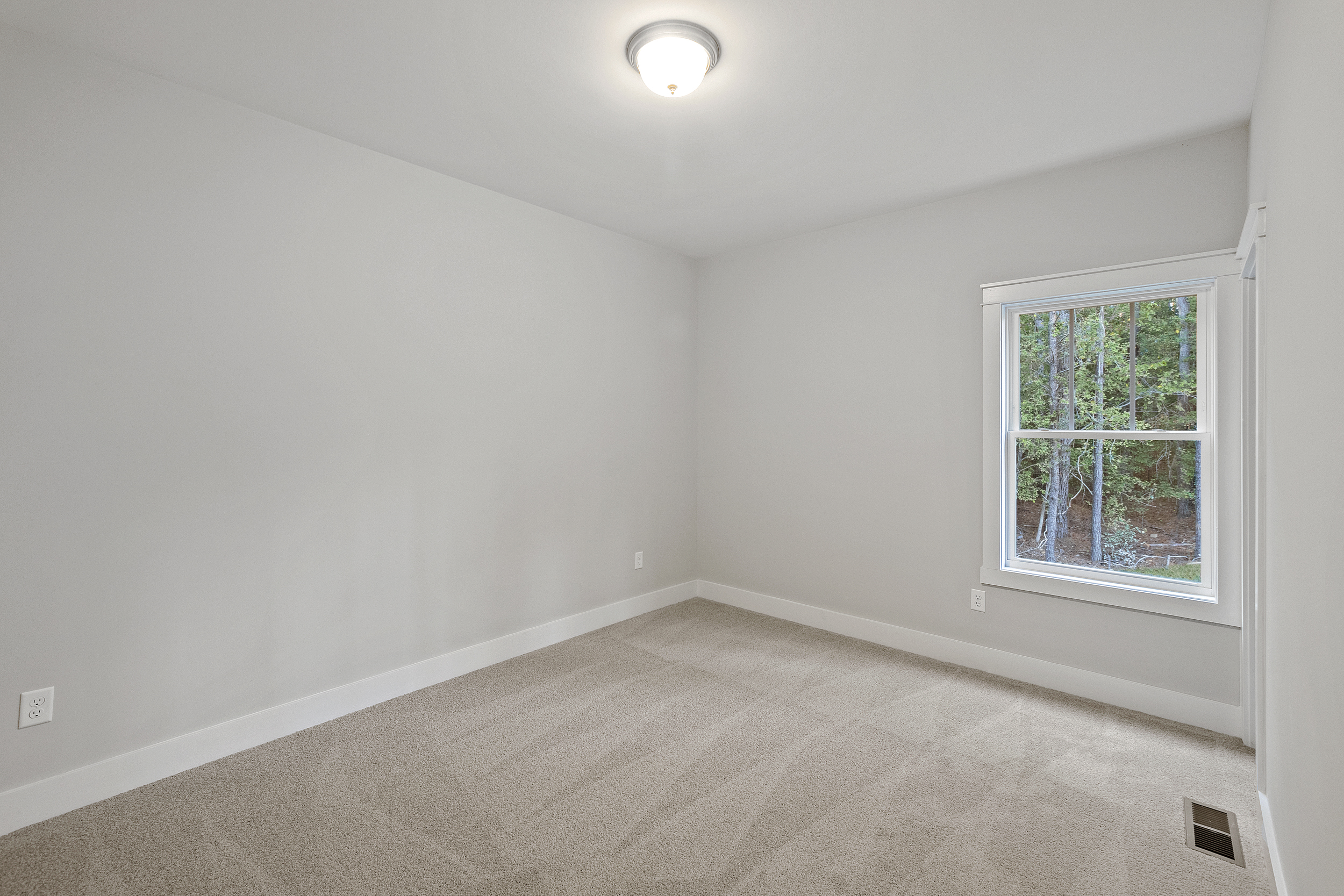An empty room with light gray walls, beige carpet, a single ceiling light, and a large window showing a view of greenery outside.