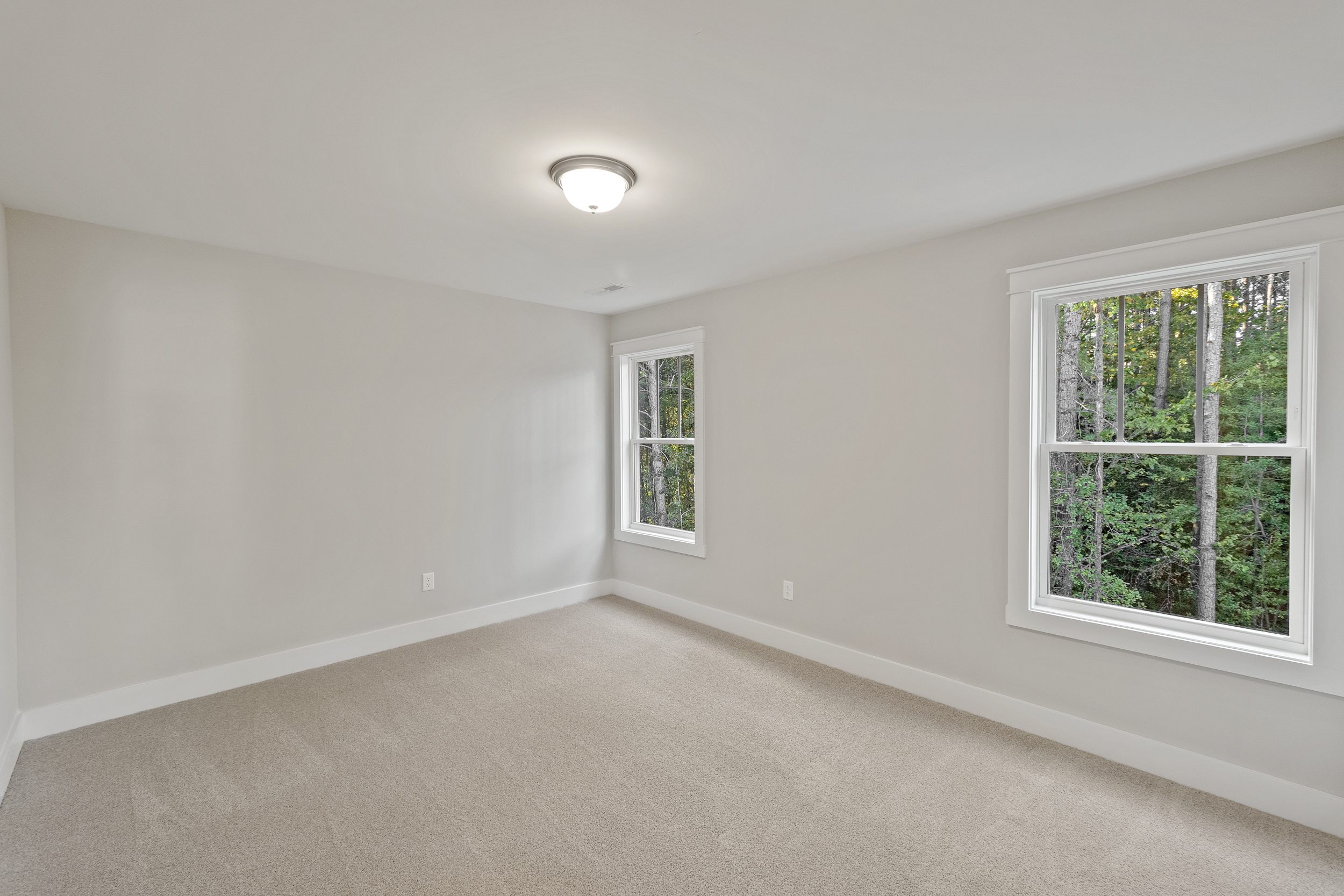 A brightly lit, empty room with neutral-colored walls, beige carpet, and two windows showcasing a view of trees. A ceiling light fixture is turned on.