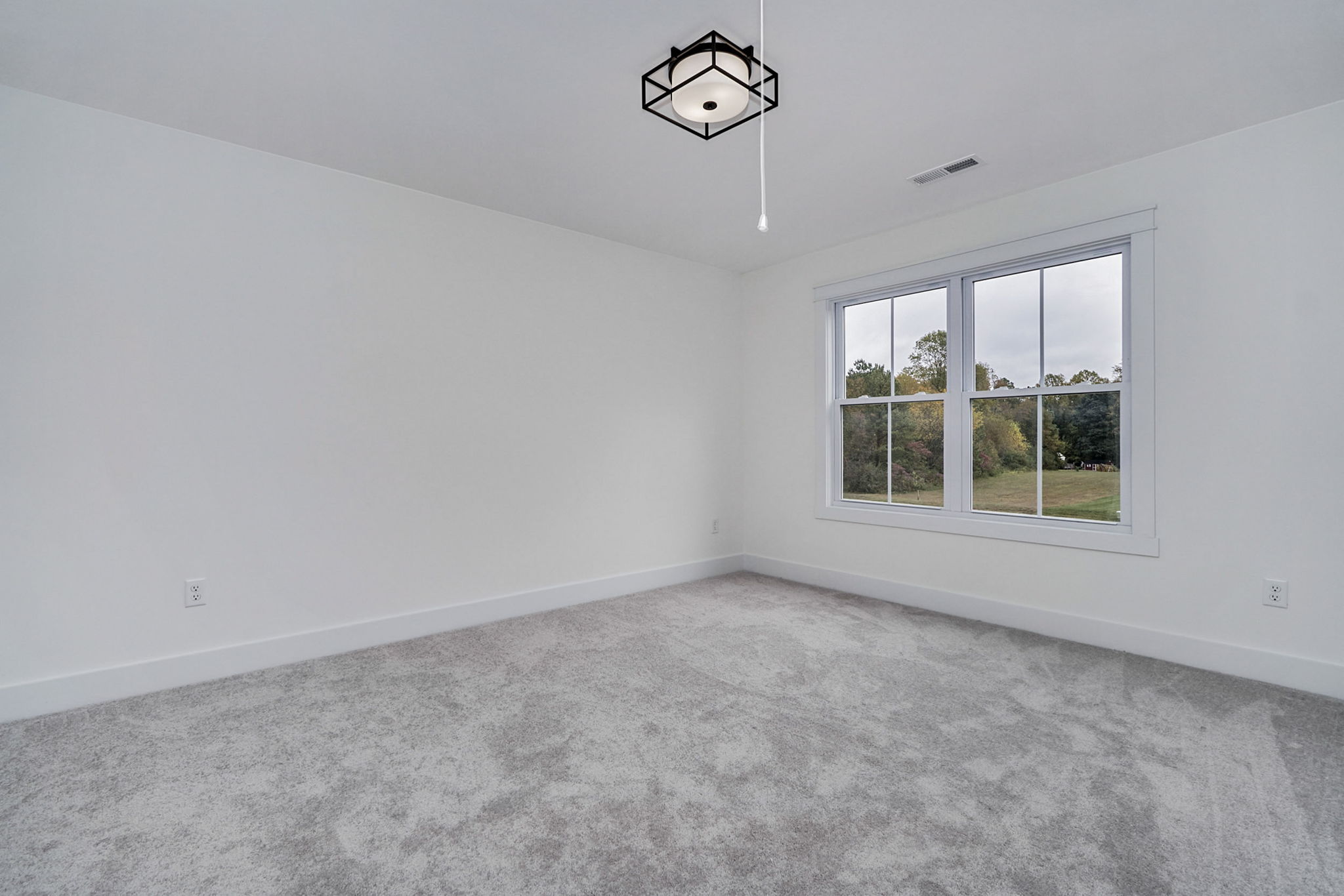 A vacant room with white walls, gray carpet, a rectangular window with a view of greenery, and a black ceiling light fixture.