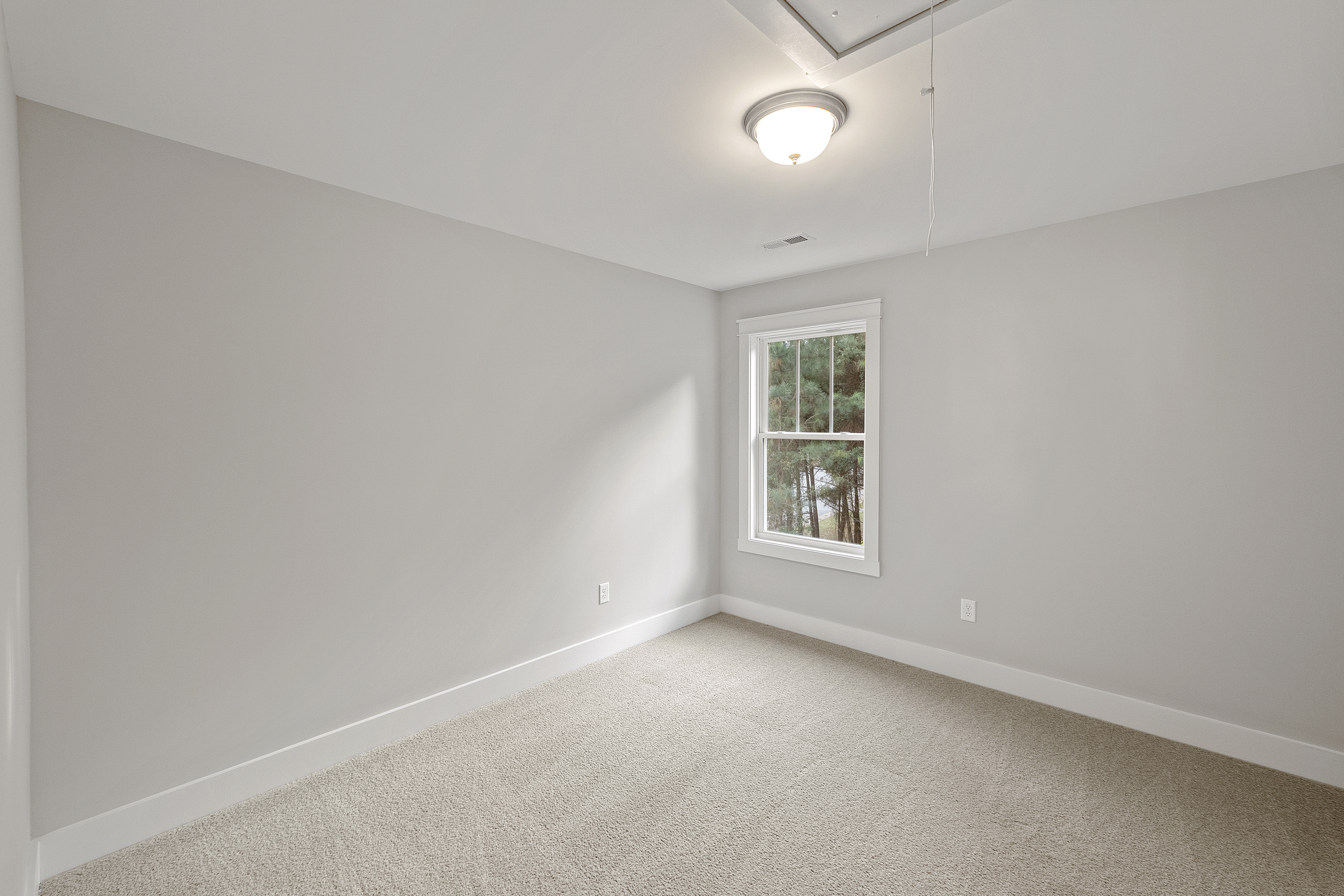 A small, empty room with light gray walls, beige carpet, a ceiling light, and a single window showing trees outside.