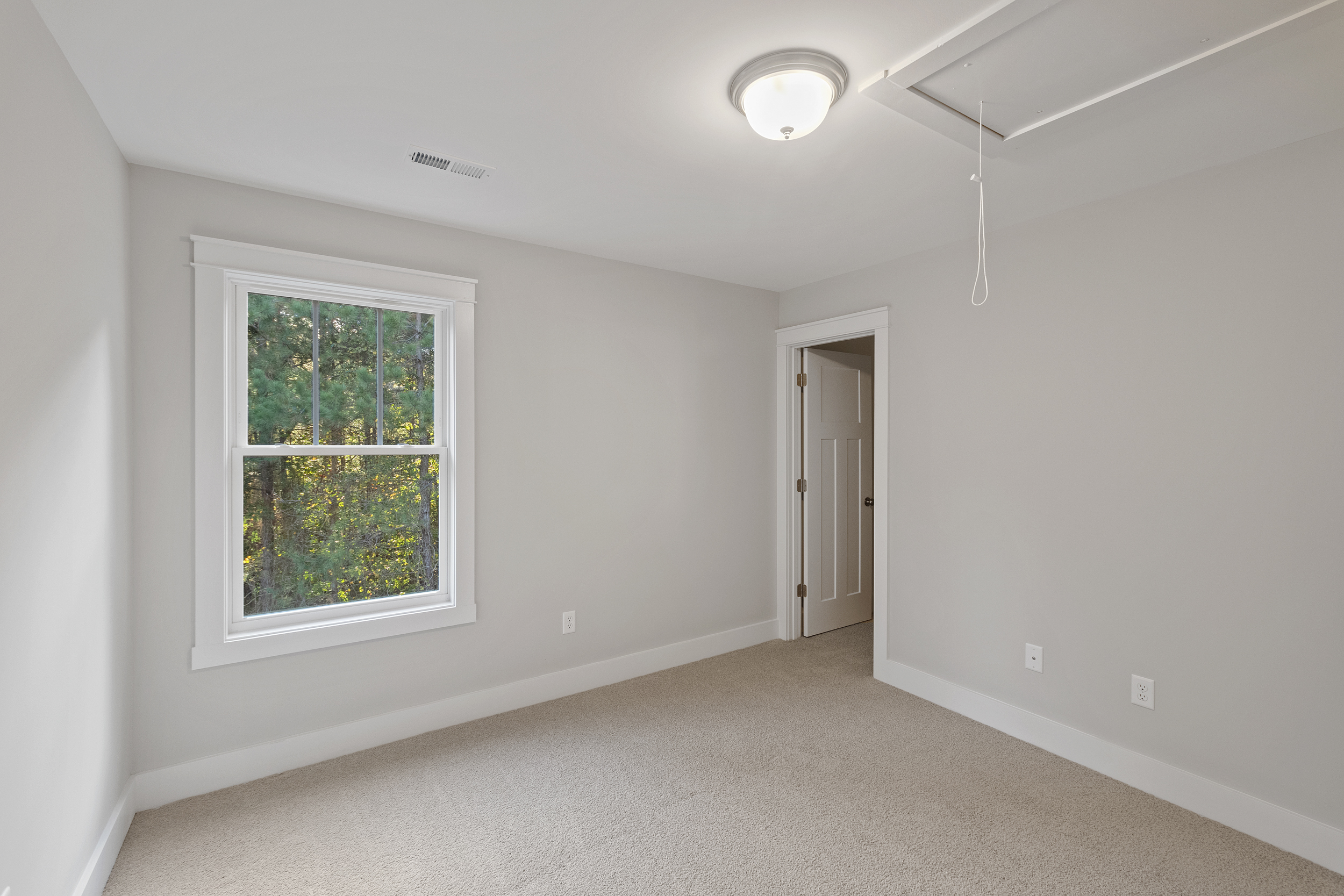 A simple, empty room with beige carpet, a window with a view of trees, a closed door, and a ceiling light fixture with a pull string for attic access.