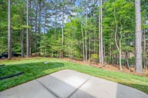 Concrete patio in a backyard bordered by a grassy area and a forest with tall pine trees.