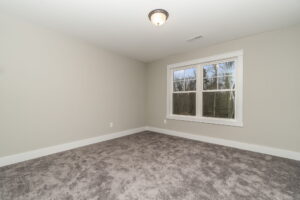 Empty room with beige walls, carpeted floor, a ceiling light, and a window showing trees outside.