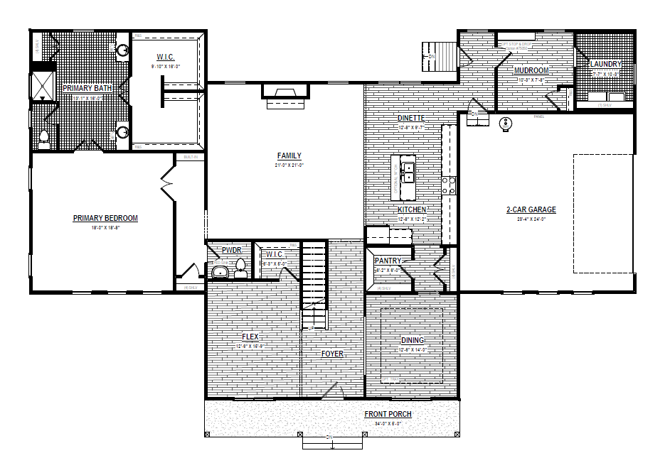 Explore the Belleair floor plan featuring labeled rooms such as the garage, kitchen, bedrooms, bathrooms, dining area, family space, and convenient laundry areas.