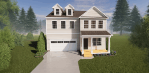Two-story beige house with a front porch, double garage, and lawn, surrounded by trees.