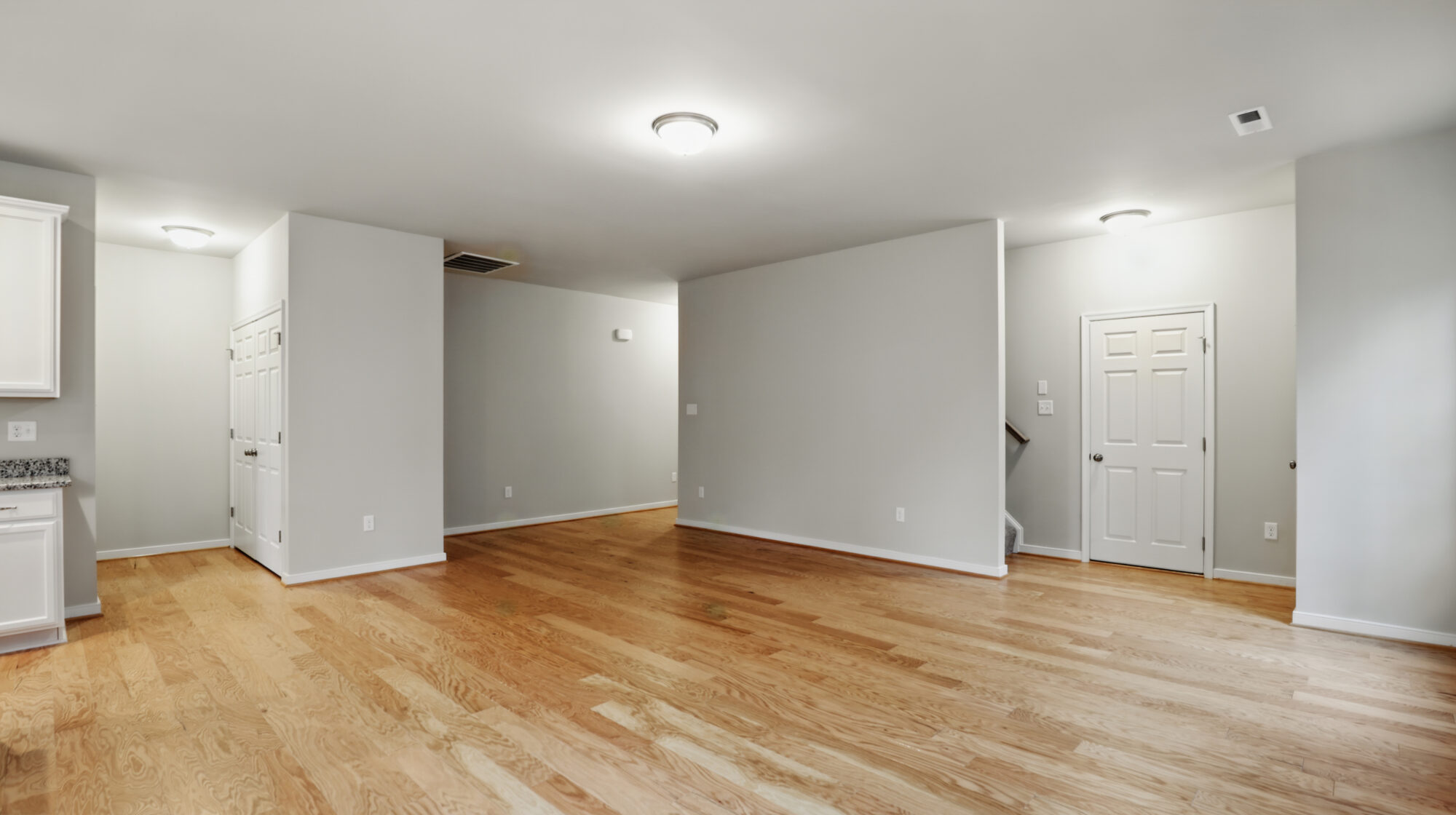 Empty room in Somerset Hill with light wood flooring, white walls, ceiling lights, and two closed white doors.