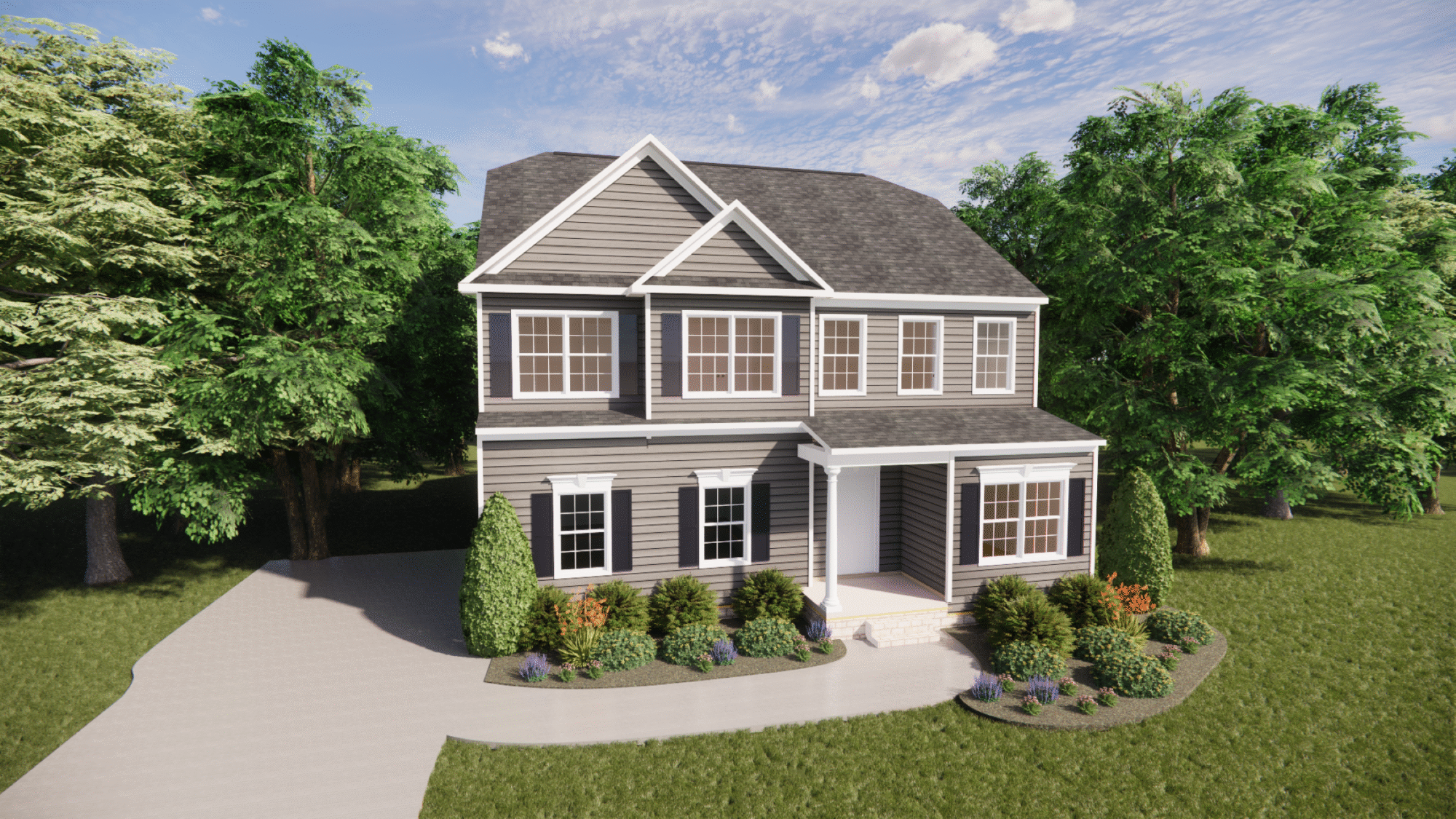 Two-story gray Somerset Hill house with white trim, front porch, driveway, and landscaped yard surrounded by trees.
