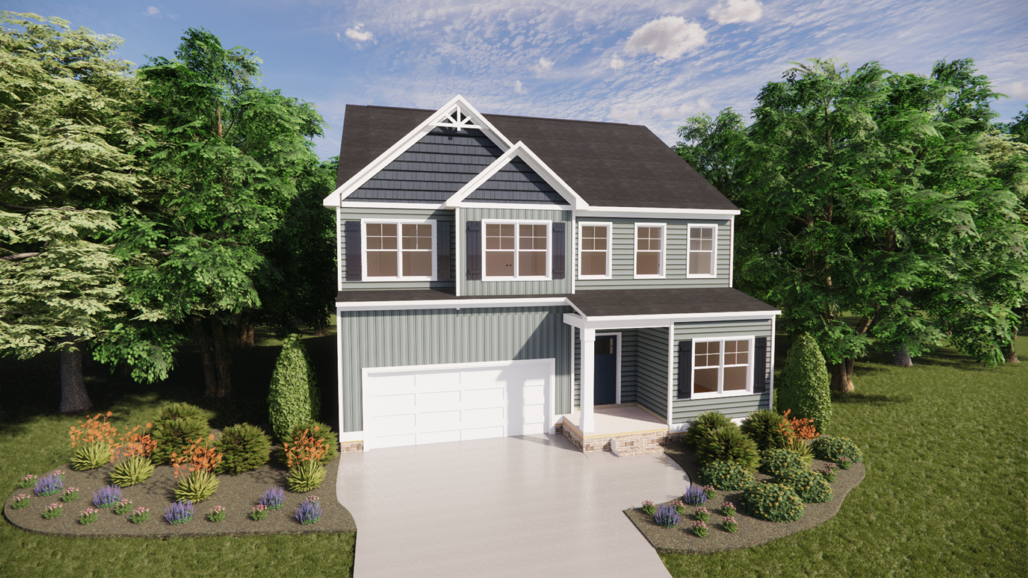 Charming two-story blue-gray home in Somerset Hill with white trim, driveway, porch, and lush landscaped yard.