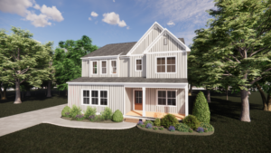 A two-story white house on Lot 7 in Poplar Village, featuring a front porch and lush landscaping under a partly cloudy sky.