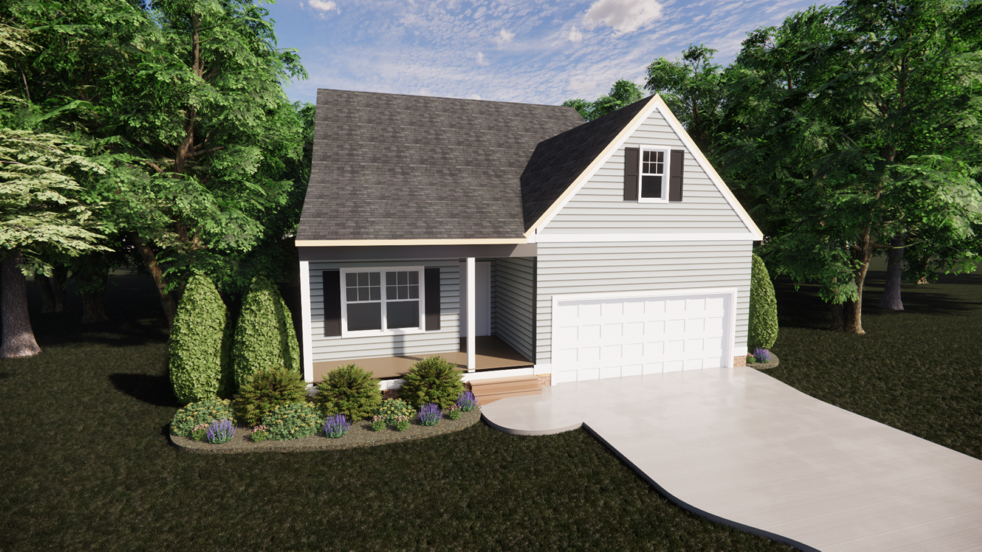 Light gray suburban house with front porch, gabled roof, two-car garage, and landscaped yard.