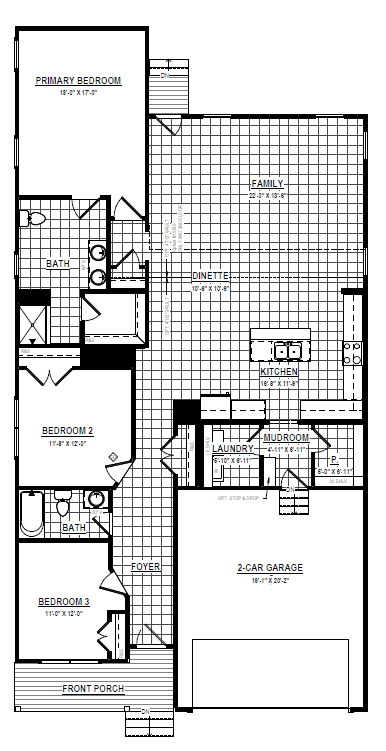 Black and white floor plan showing three bedrooms, three baths, kitchen, family room, and a two-car garage.