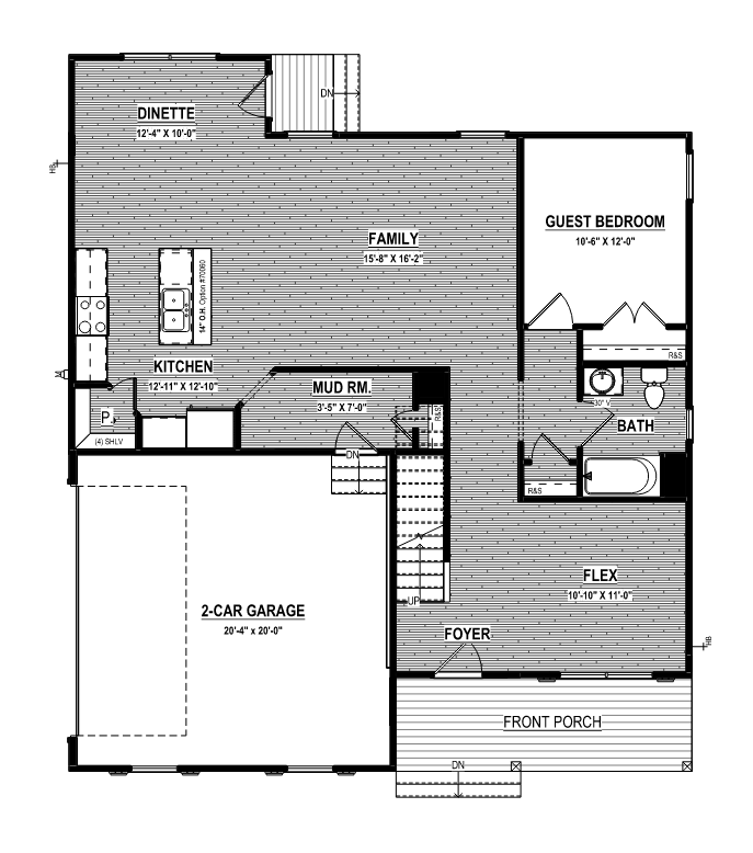 Stafford Lot 17 floor plan: a single-story house with a garage, kitchen, family room, two bedrooms, and a front porch.