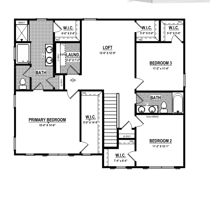 Upper level floor plan of the Stafford Hicks Lot 17 house featuring a primary suite, two bedrooms, a loft, and laundry.