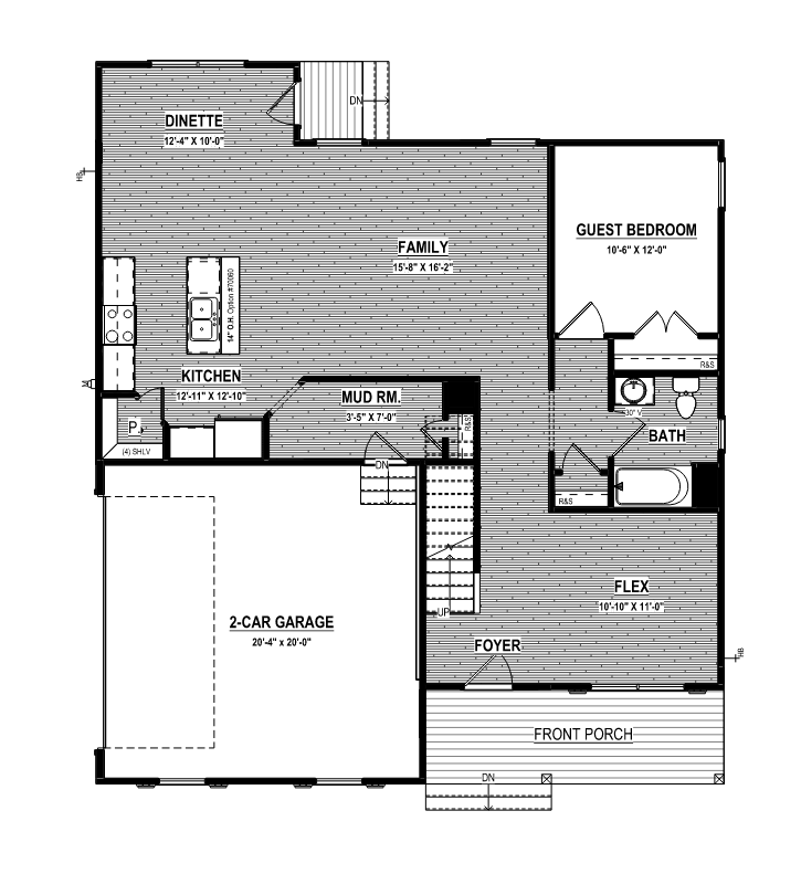 First-level floor plan for 10010 Cool Springs real estate, showing a kitchen, family room, guest bedroom, bath, and garage.