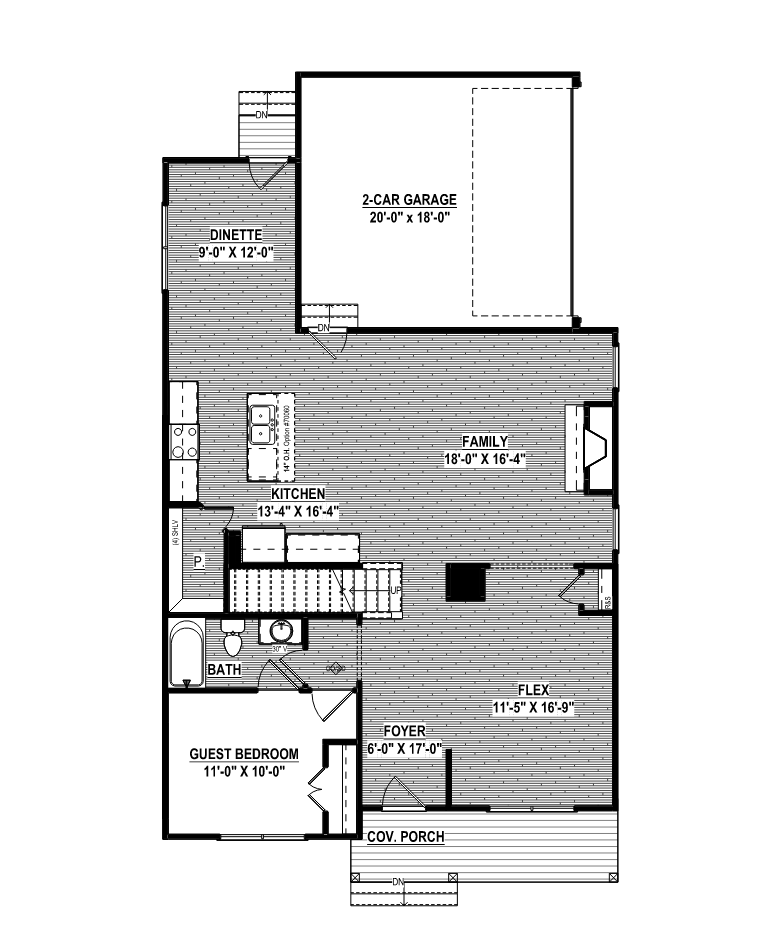 First-level floor plan of The Potomac, featuring a kitchen, living area, guest bedroom, and two-car garage at Somerset Hill.