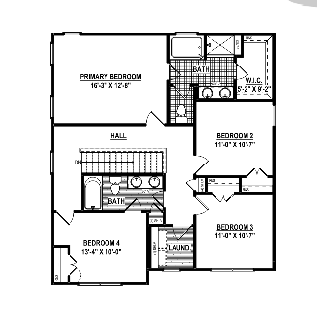 Floor plan of The Potomac, a house with four bedrooms, two bathrooms, and a laundry room.
